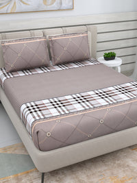 Thumbnail for DREAM WEAVERZ Beige Checked 220 TC Glazed Cotton Bedsheet with Pillow Covers - Distacart