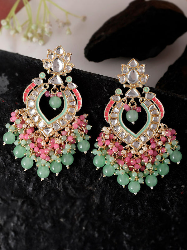 Shoshaa Gold-Plated Green & Pink Enamel Kundan-Studded Drop Earrings - Distacart