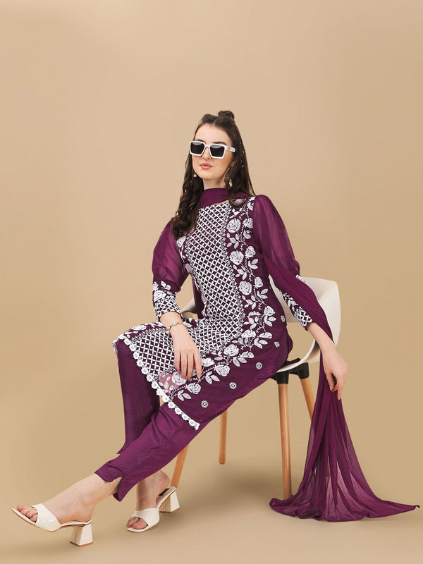 HERE&NOW Floral Lucknowi Chikankari Embroidered Kurta with Trousers & Dupatta - Distacart