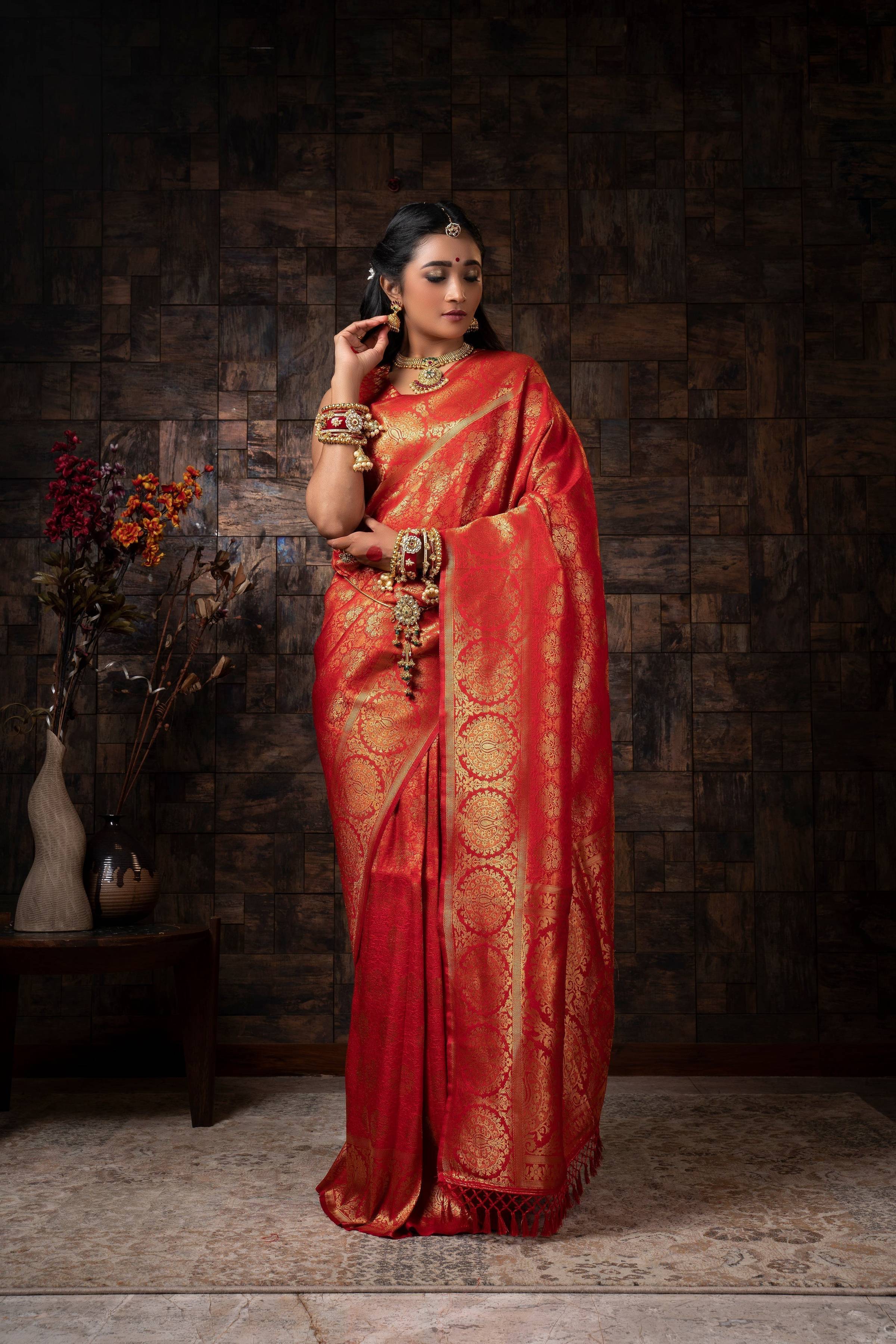 Vardha Crimson Red Zari Floral Kanjeevaram Silk Saree
