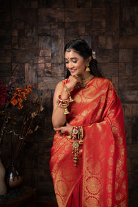 Thumbnail for Vardha Crimson Red Zari Floral Kanjeevaram Silk Saree