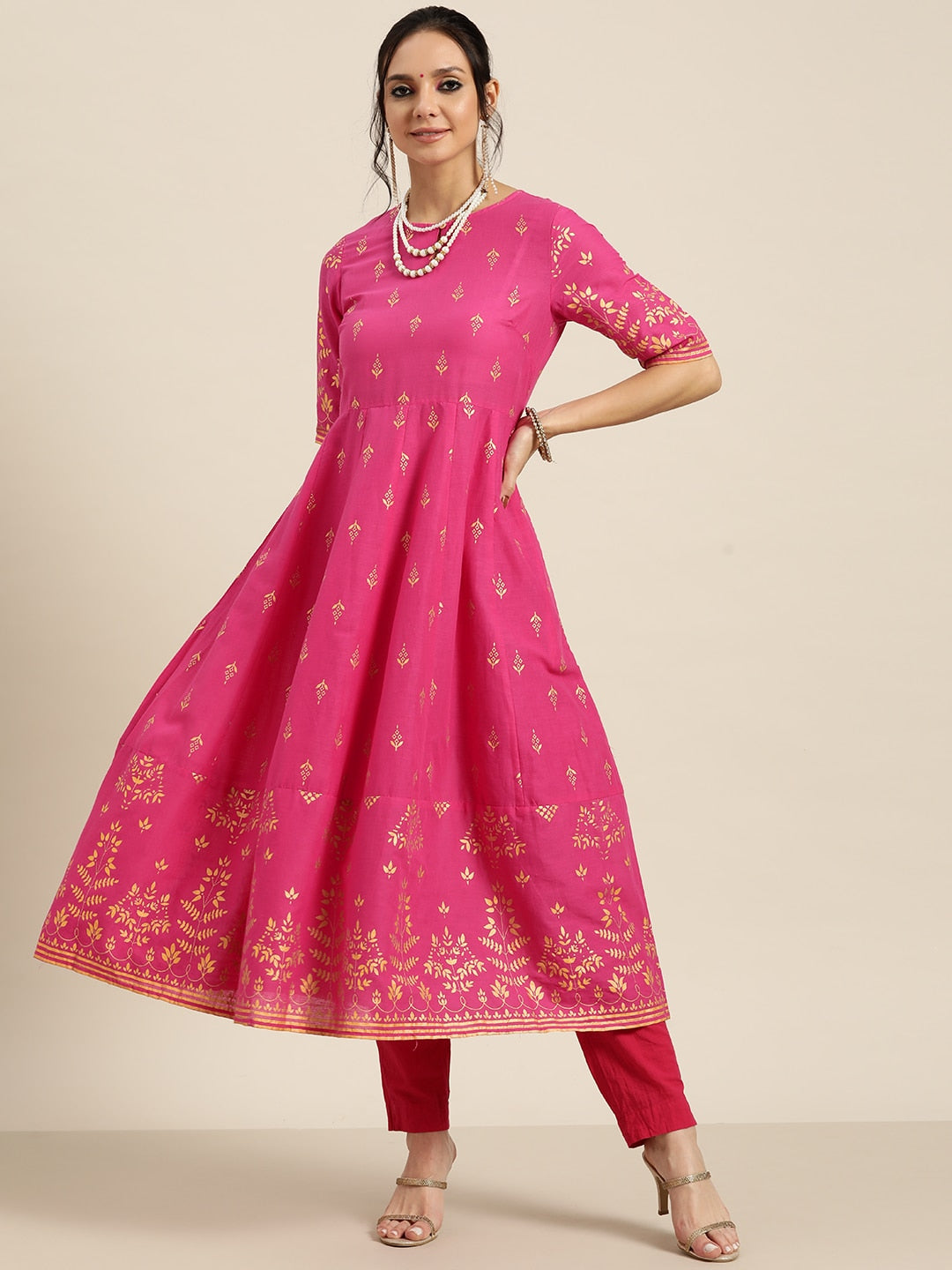Sangria Women Pink & Golden Ethnic Motifs Printed Keyhole Neck Kurta - Distacart