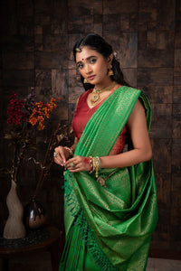 Thumbnail for Vardha Clover Green Golden Zari Kanjeevaram Silk Saree