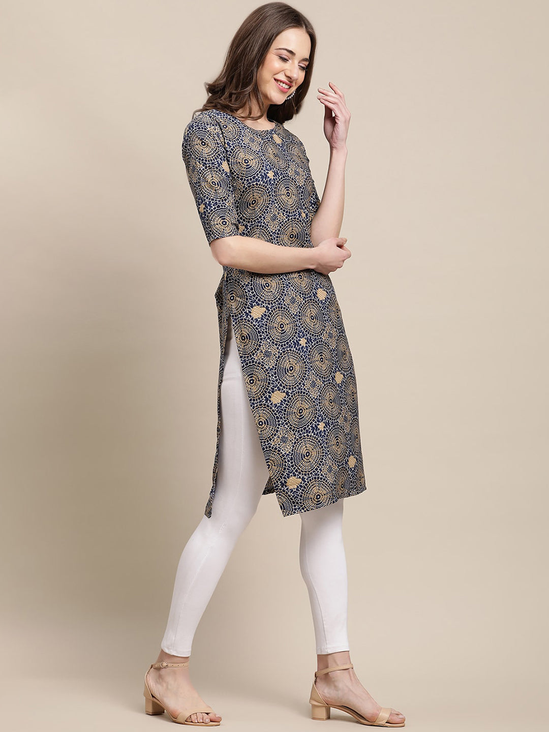 Kalini Women Navy Blue Ethnic Motifs Printed Crepe Kurta - Distacart