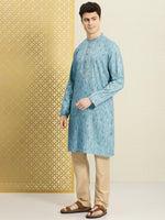 Thumbnail for House of Pataudi Jashn Zari Work Sequined Detail Floral Embroidered Kurta - Distacart