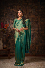 Thumbnail for Vardha Turquoise Blue Golden Zari Brocade Kanjeevaram Silk Saree