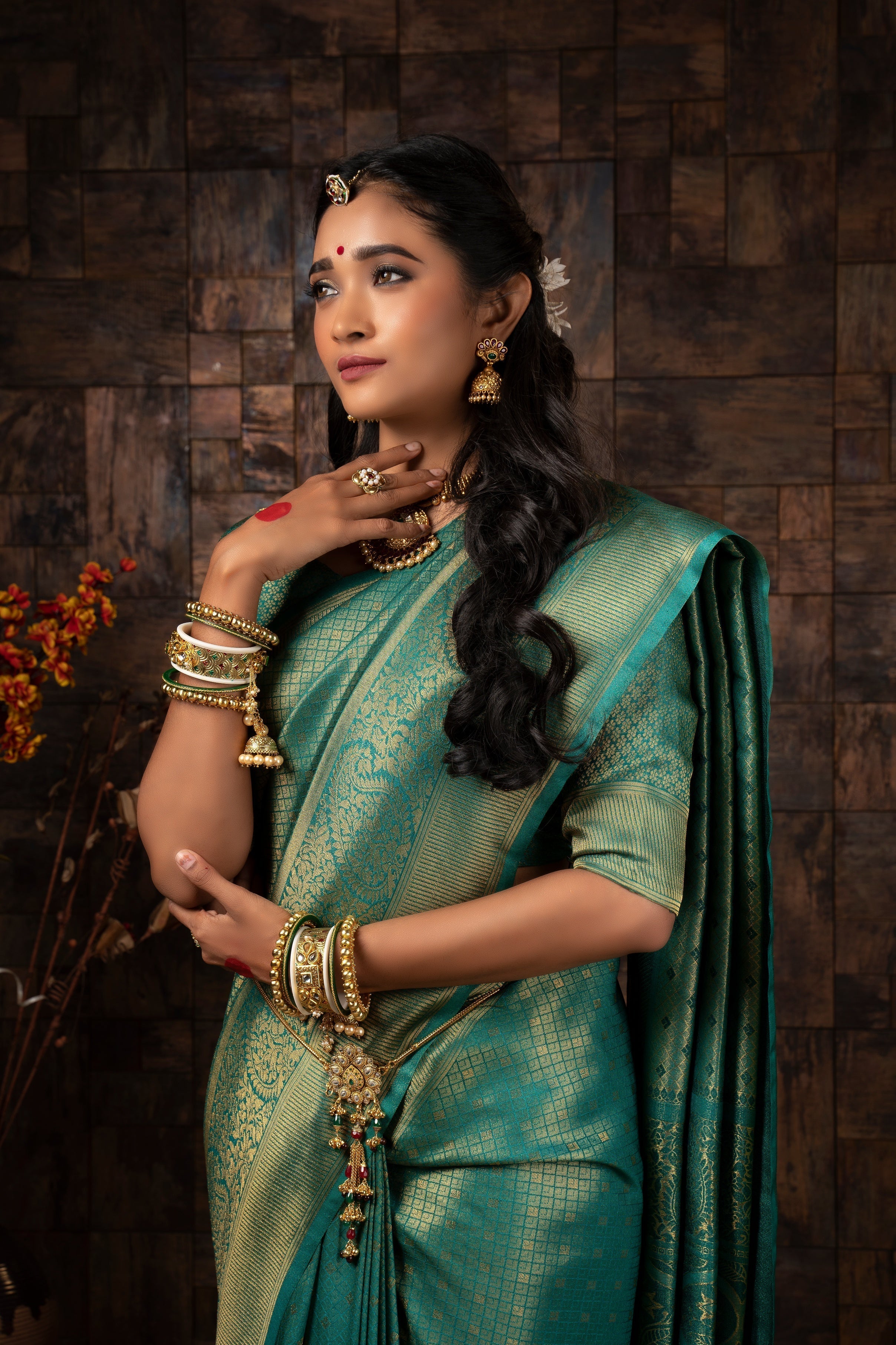 Vardha Turquoise Blue Golden Zari Brocade Kanjeevaram Silk Saree