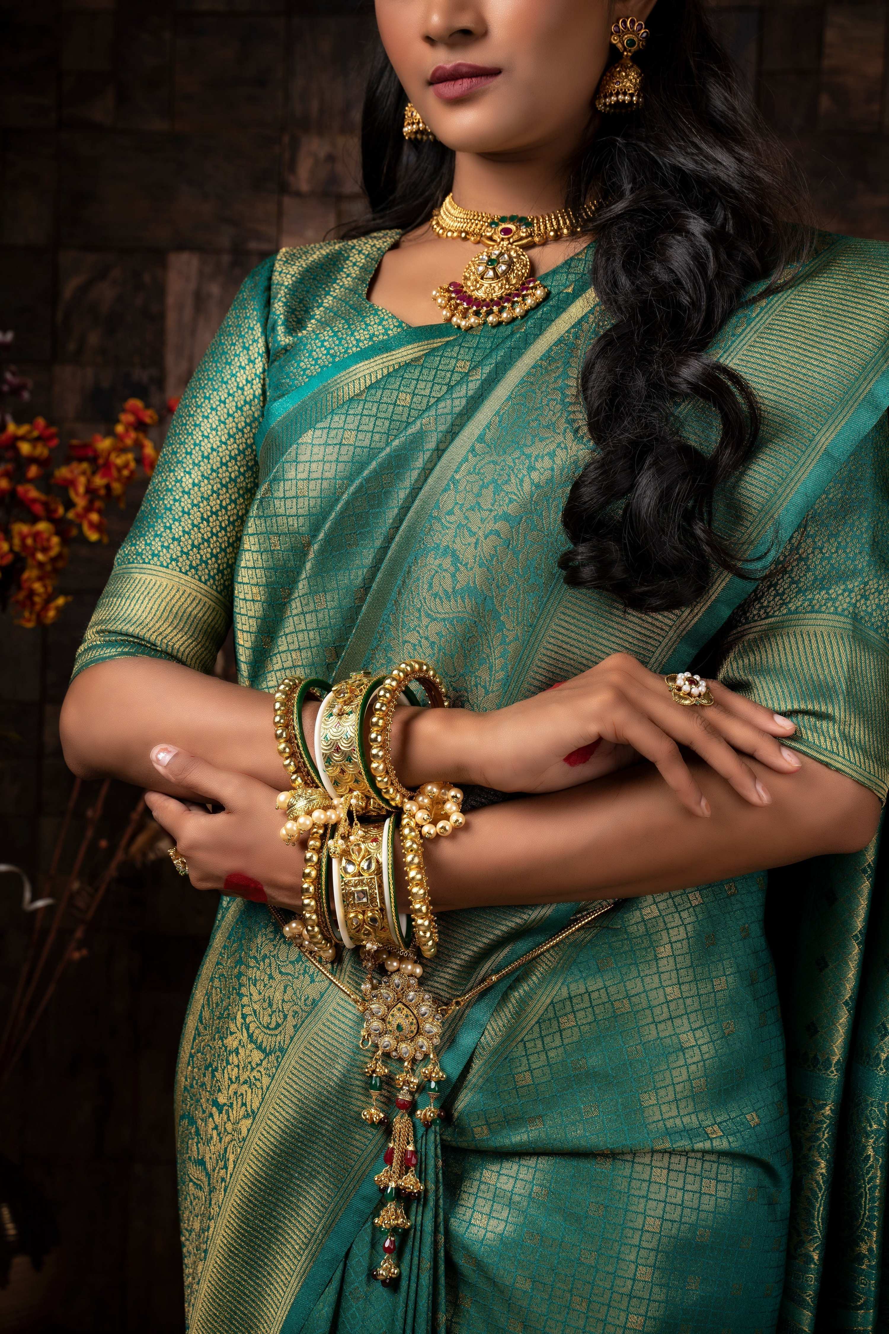 Vardha Turquoise Blue Golden Zari Brocade Kanjeevaram Silk Saree