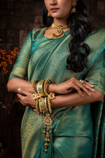 Thumbnail for Vardha Turquoise Blue Golden Zari Brocade Kanjeevaram Silk Saree