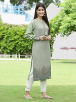 Thumbnail for Juniper Women Women's Acrylyc Viscose Jaquard Knit Green Printed Straight Festive Kurta - Distacart