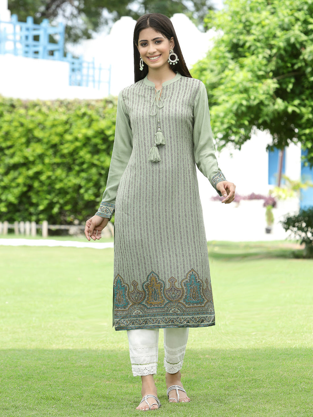 Juniper Women Women's Acrylyc Viscose Jaquard Knit Green Printed Straight Festive Kurta - Distacart