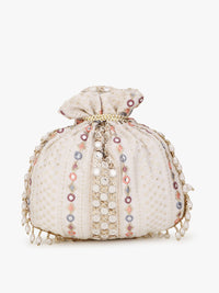 Thumbnail for Anekaant Off White & Purple Embellished Tasselled Potli Clutch - Distacart