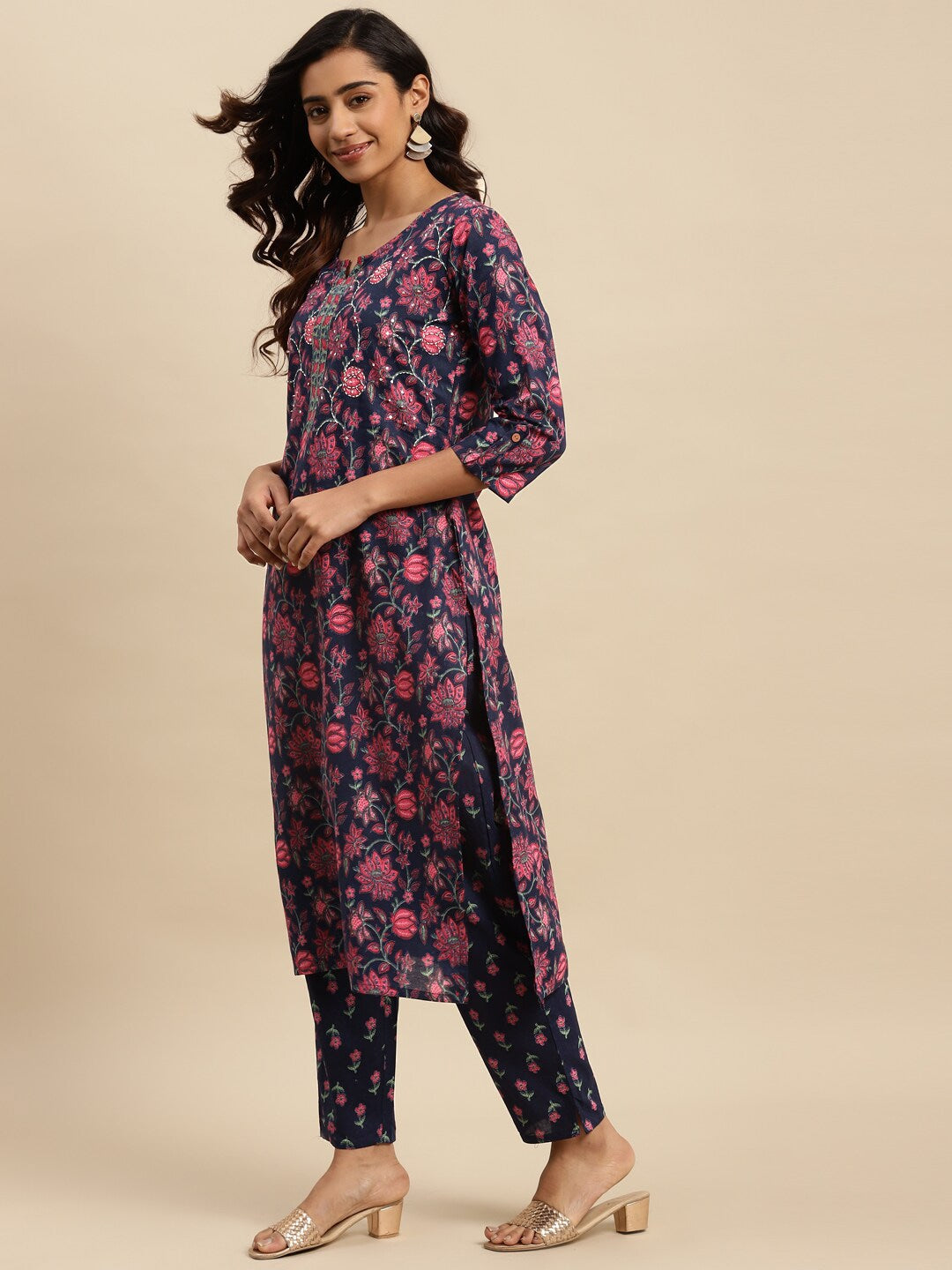 Sangria Navy Blue Floral Printed Beads and Stones Pure Cotton Kurta With Trouser & Dupatta - Distacart