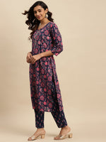 Thumbnail for Sangria Navy Blue Floral Printed Beads and Stones Pure Cotton Kurta With Trouser & Dupatta - Distacart