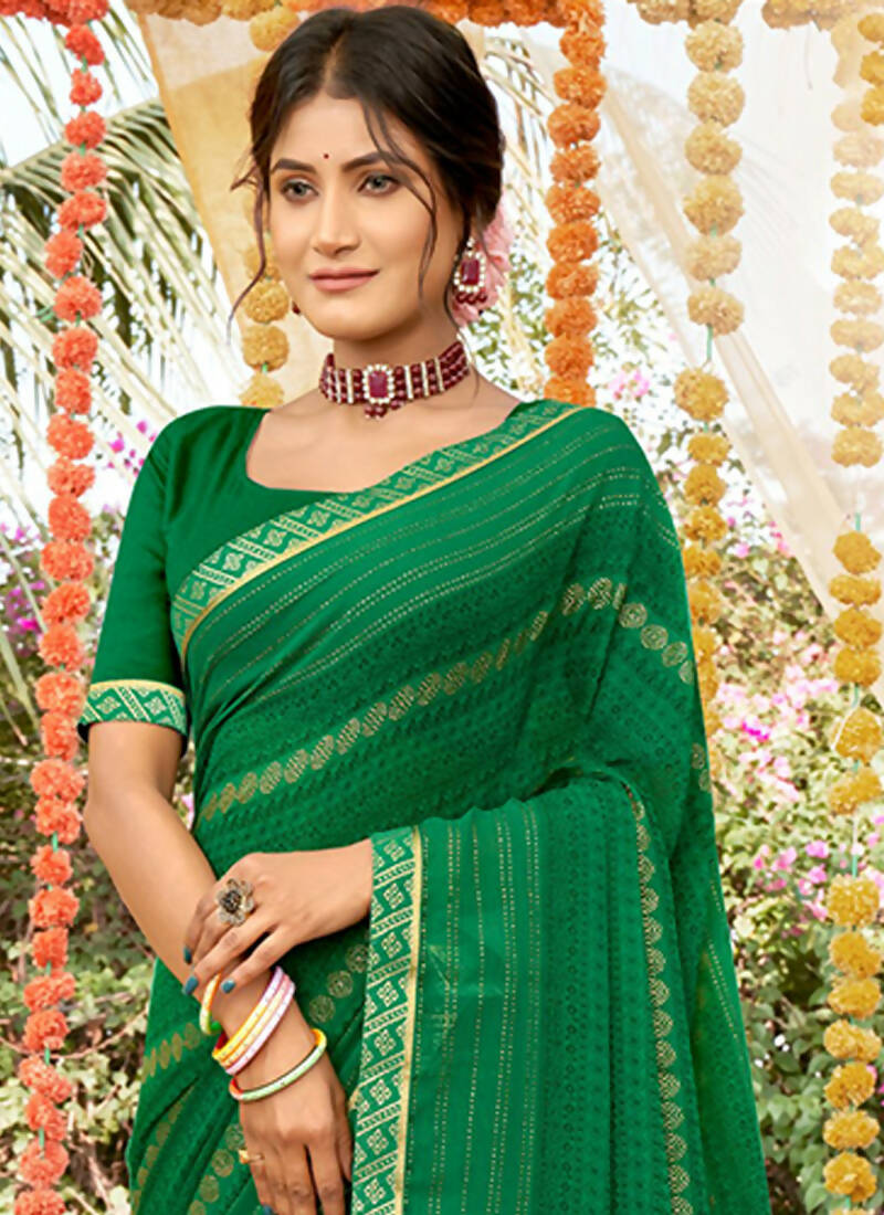 Green Georgette Foil Printed Saree with Unstitched Blouse Piece - Avika - Distacart