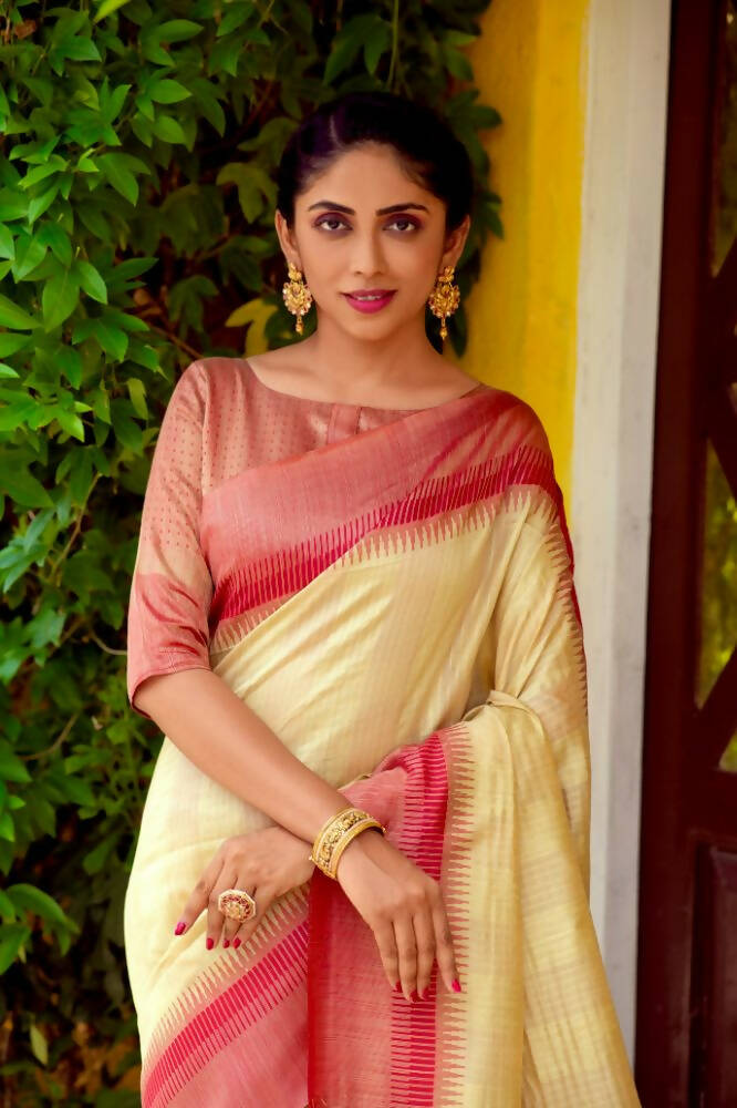 Vishnu Weaves Women's Beige South Silk Zari Woven Saree with Unstitched Blouse - Distacart