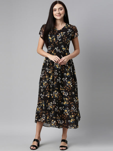 Souchii Women Black Floral Chiffon Maxi Dress - Distacart