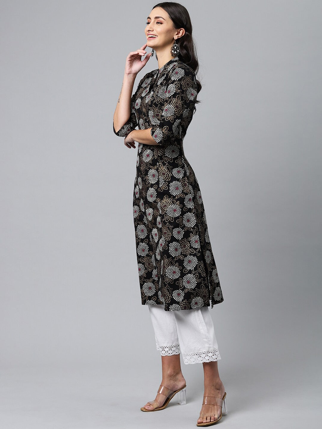 HERE&NOW Mandarin Collar Floral Printed Cotton Kurta - Distacart