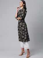 Thumbnail for HERE&NOW Mandarin Collar Floral Printed Cotton Kurta - Distacart