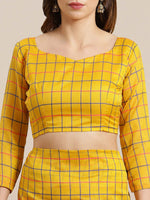 Thumbnail for Saree Mall Mustard & Coral Checked Silk Cotton Sarees - Distacart