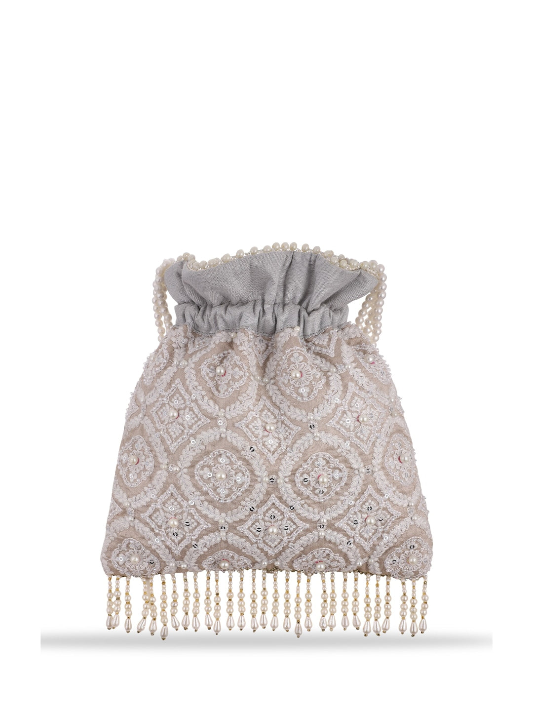 Masq Tan & White Embroidered Potli Clutch - Distacart