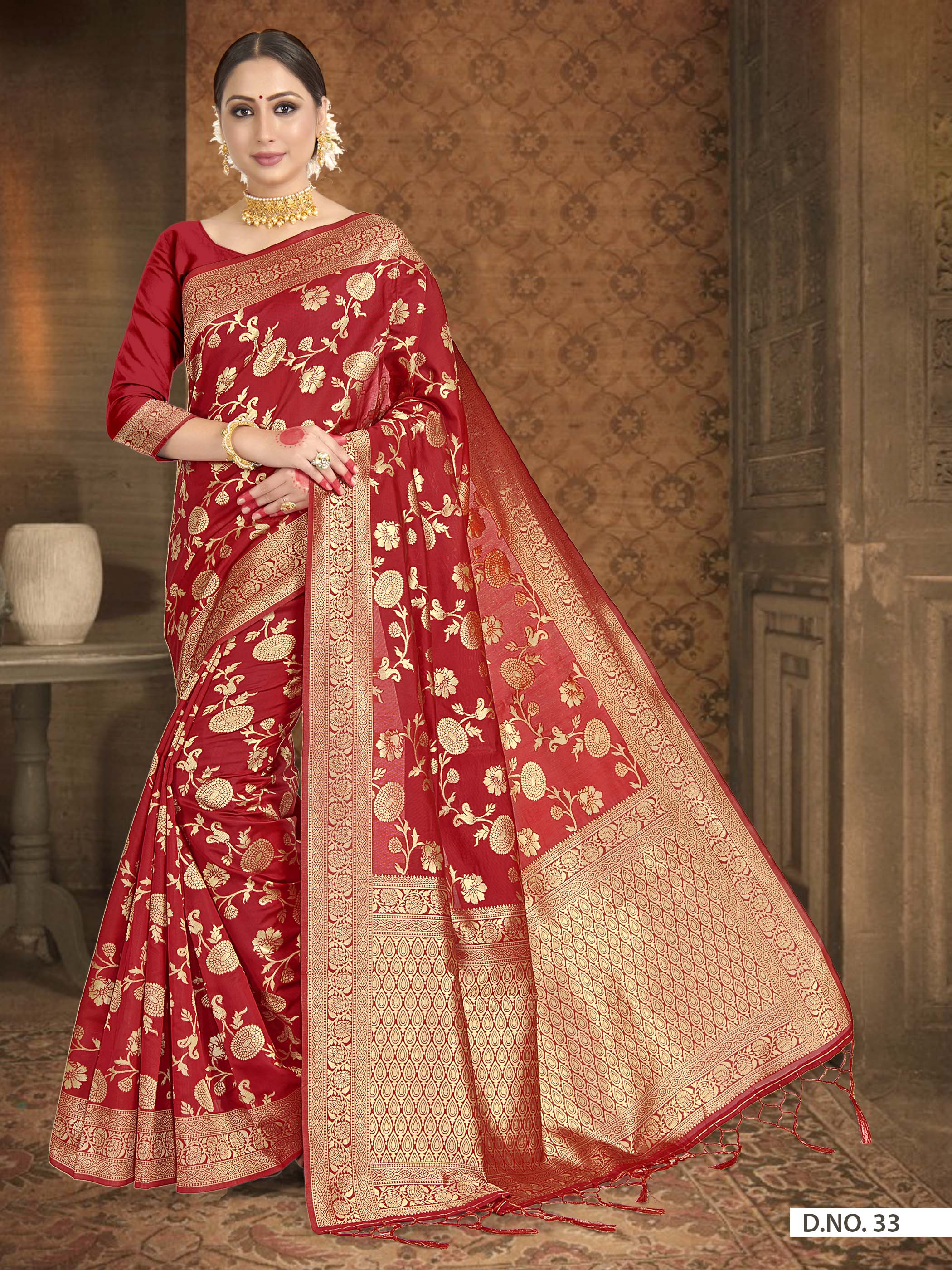 Vardha Crimson Red Woven Banarasi Saree