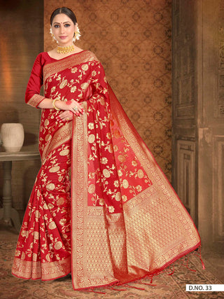 Vardha Crimson Red Woven Banarasi Saree
