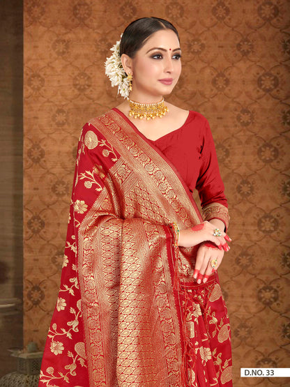 Vardha Crimson Red Woven Banarasi Saree