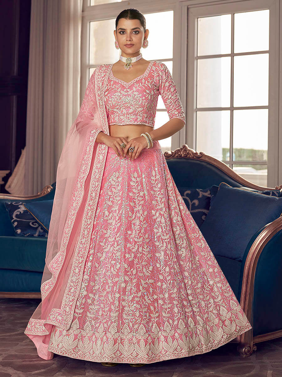 Myra Pink Organza Embroidered Designer Lehenga - Distacart