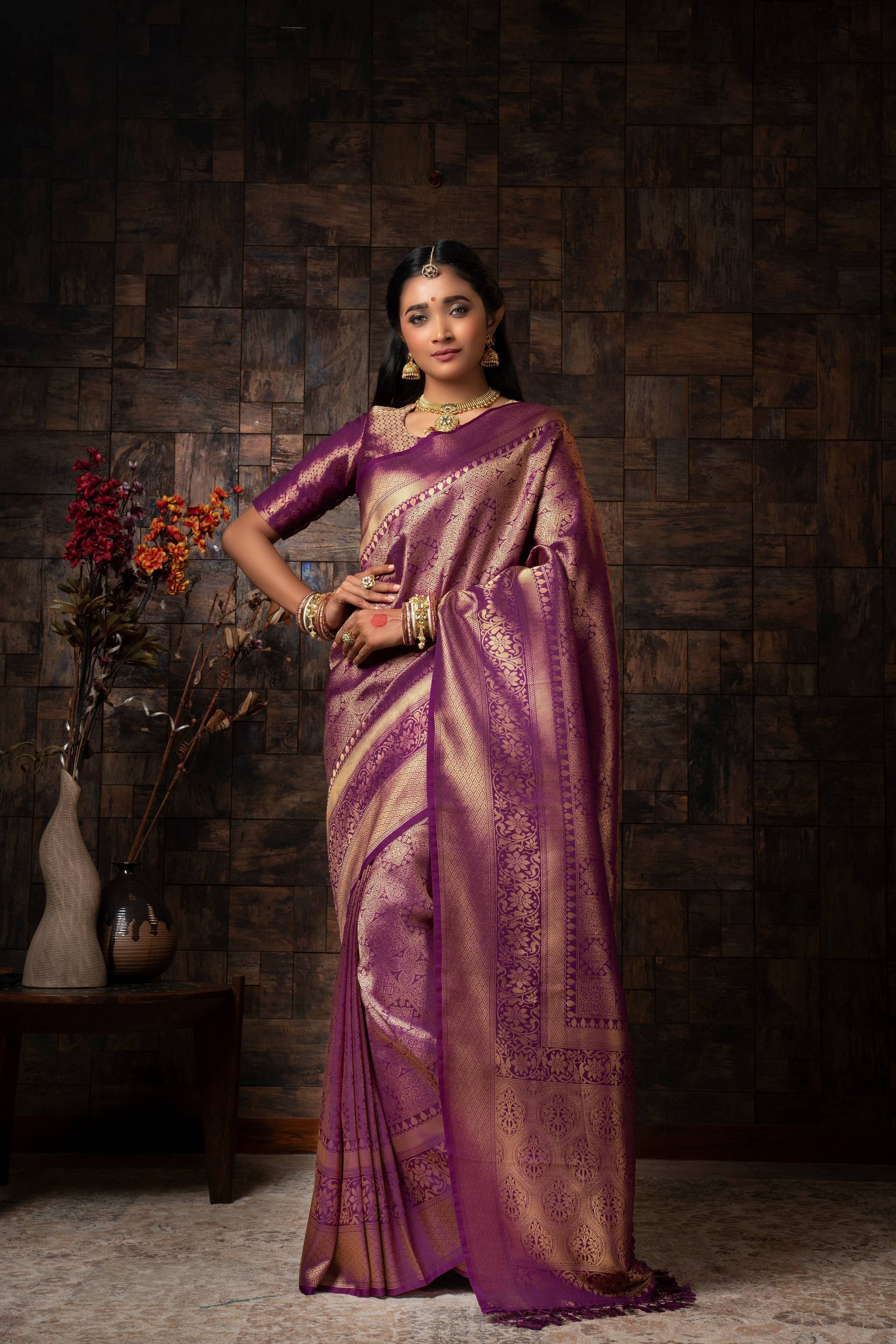 Vardha Mauve Wine Golden Zari Brocade Kanjeevaram Silk Saree