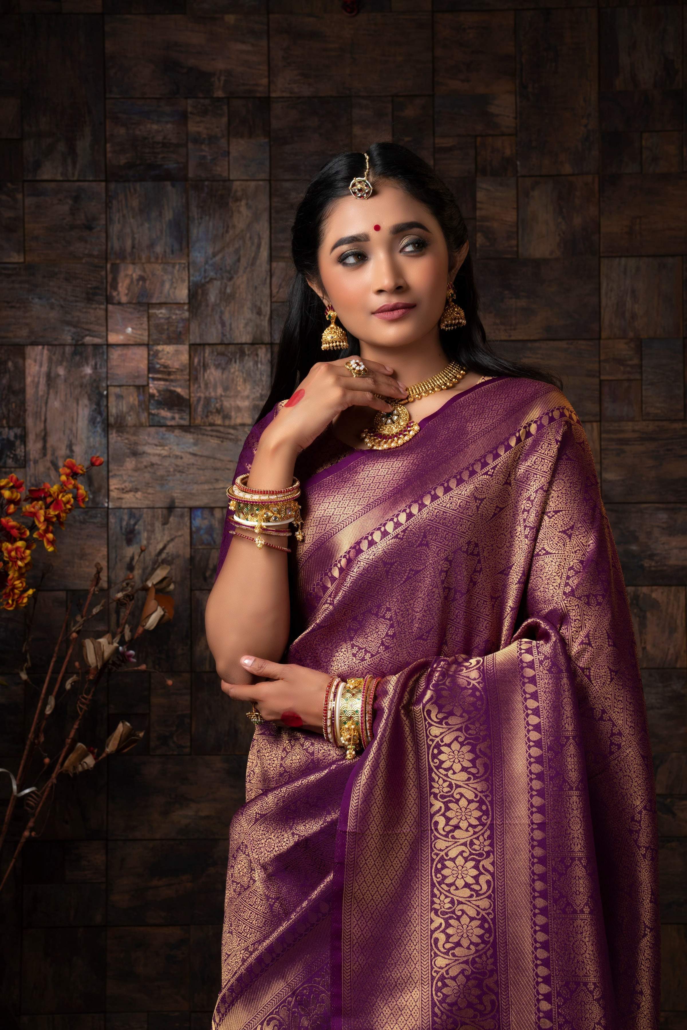 Vardha Mauve Wine Golden Zari Brocade Kanjeevaram Silk Saree