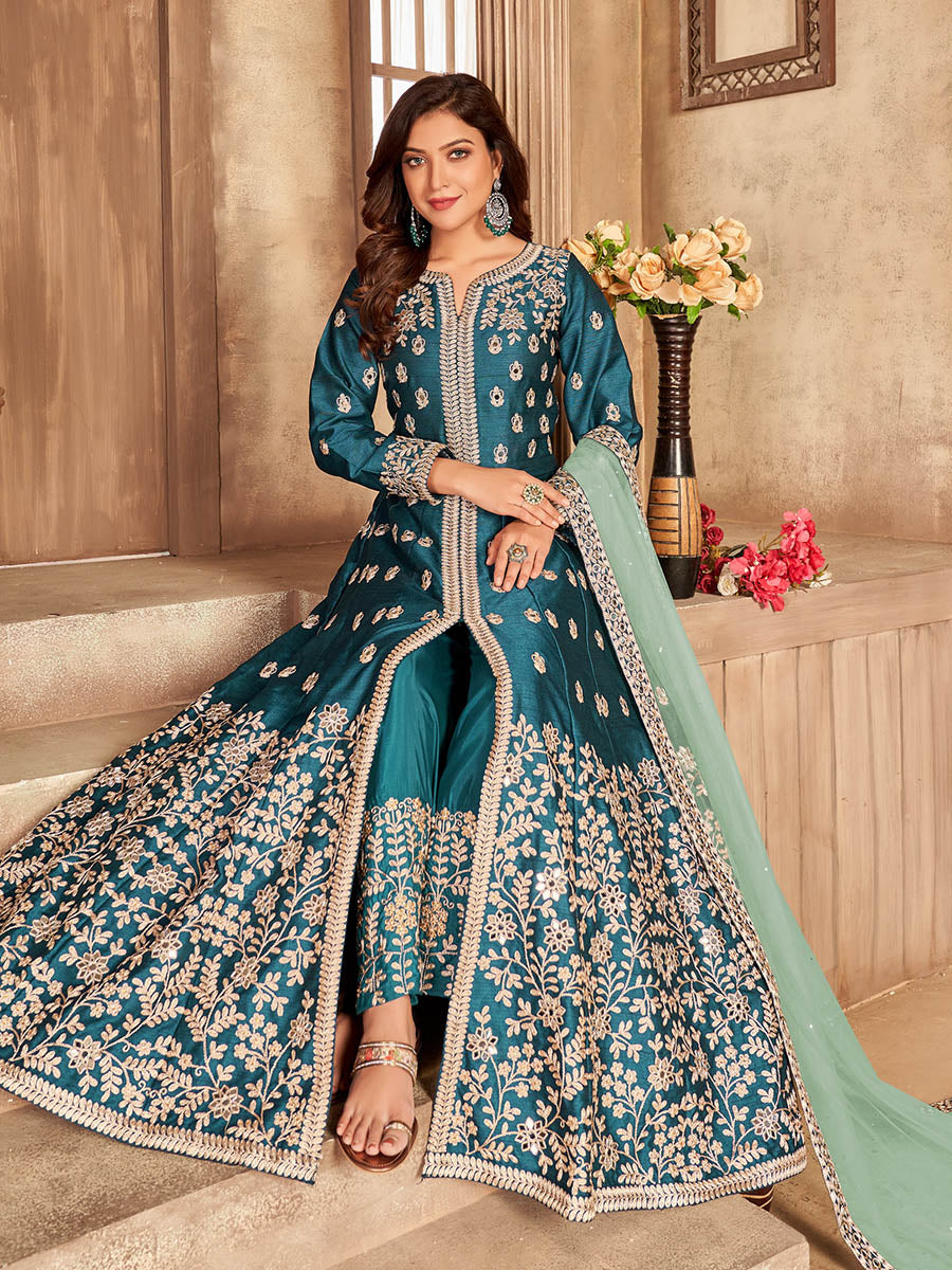 Myra Teal Art Silk Embroidered Anarkali Suit - Distacart