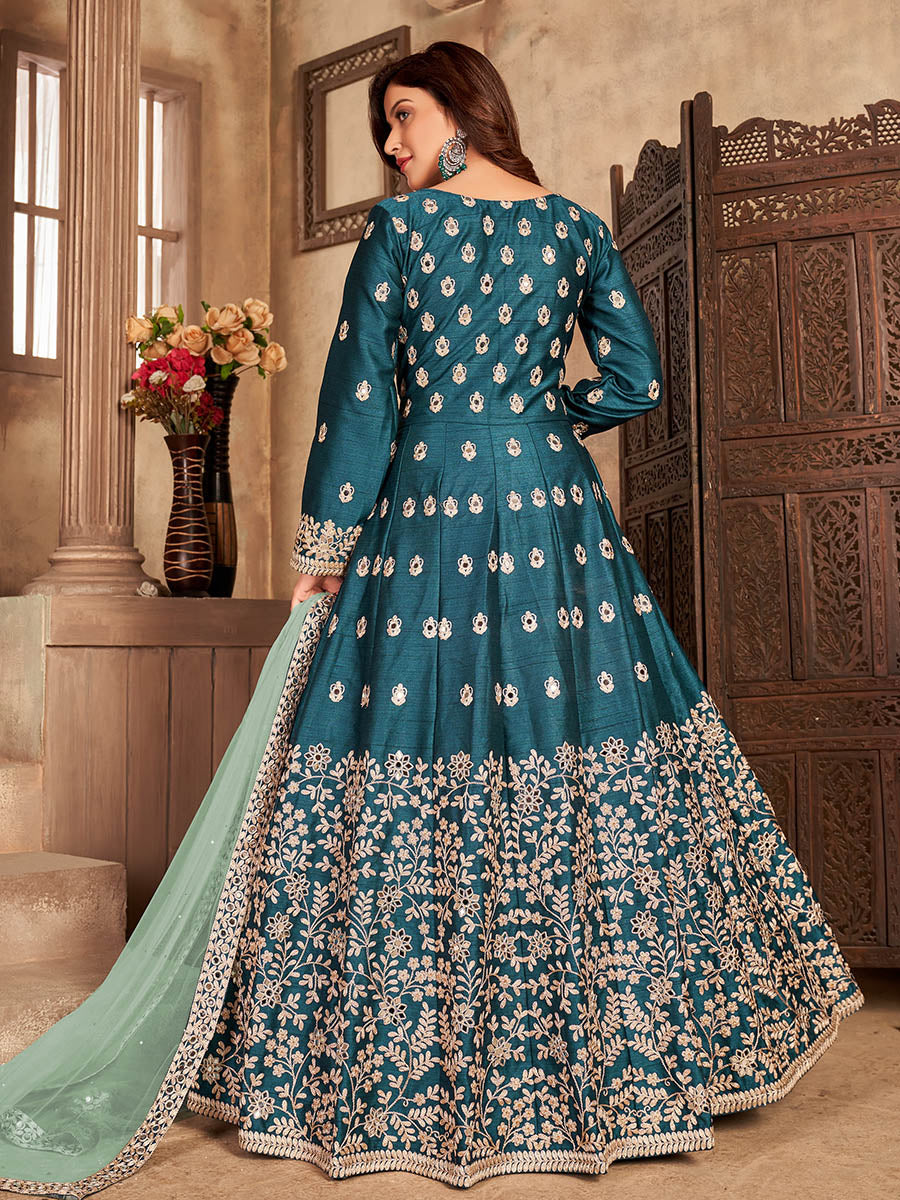 Myra Teal Art Silk Embroidered Anarkali Suit - Distacart