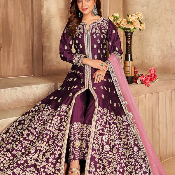 Myra Wine Art Silk Embroidered Anarkali Suit - Distacart