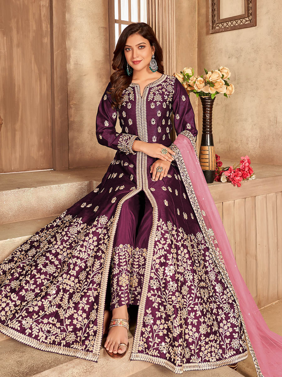 Myra Wine Art Silk Embroidered Anarkali Suit - Distacart