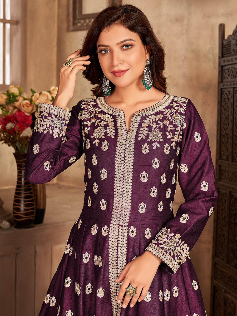 Myra Wine Art Silk Embroidered Anarkali Suit - Distacart