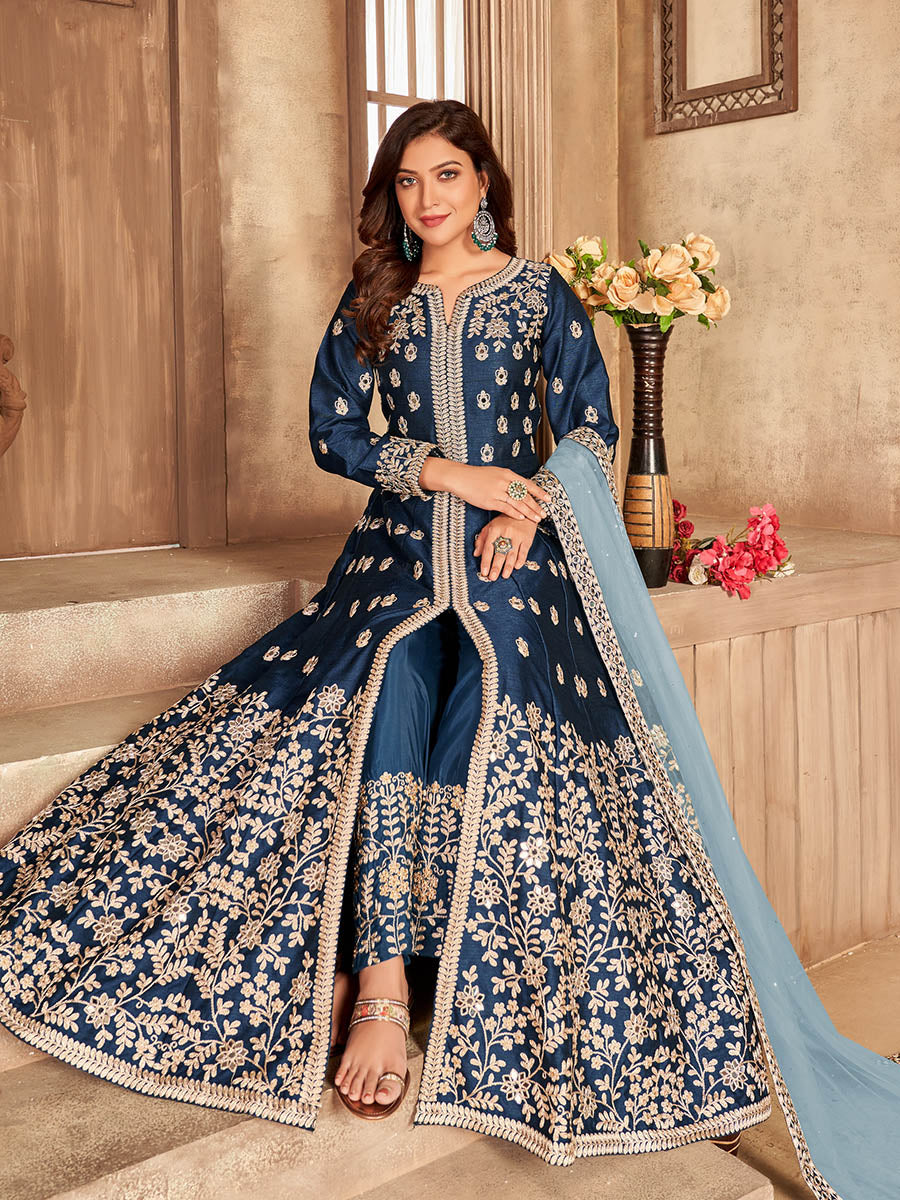 Myra Navy Blue Art Silk Embroidered Anarkali Suit - Distacart