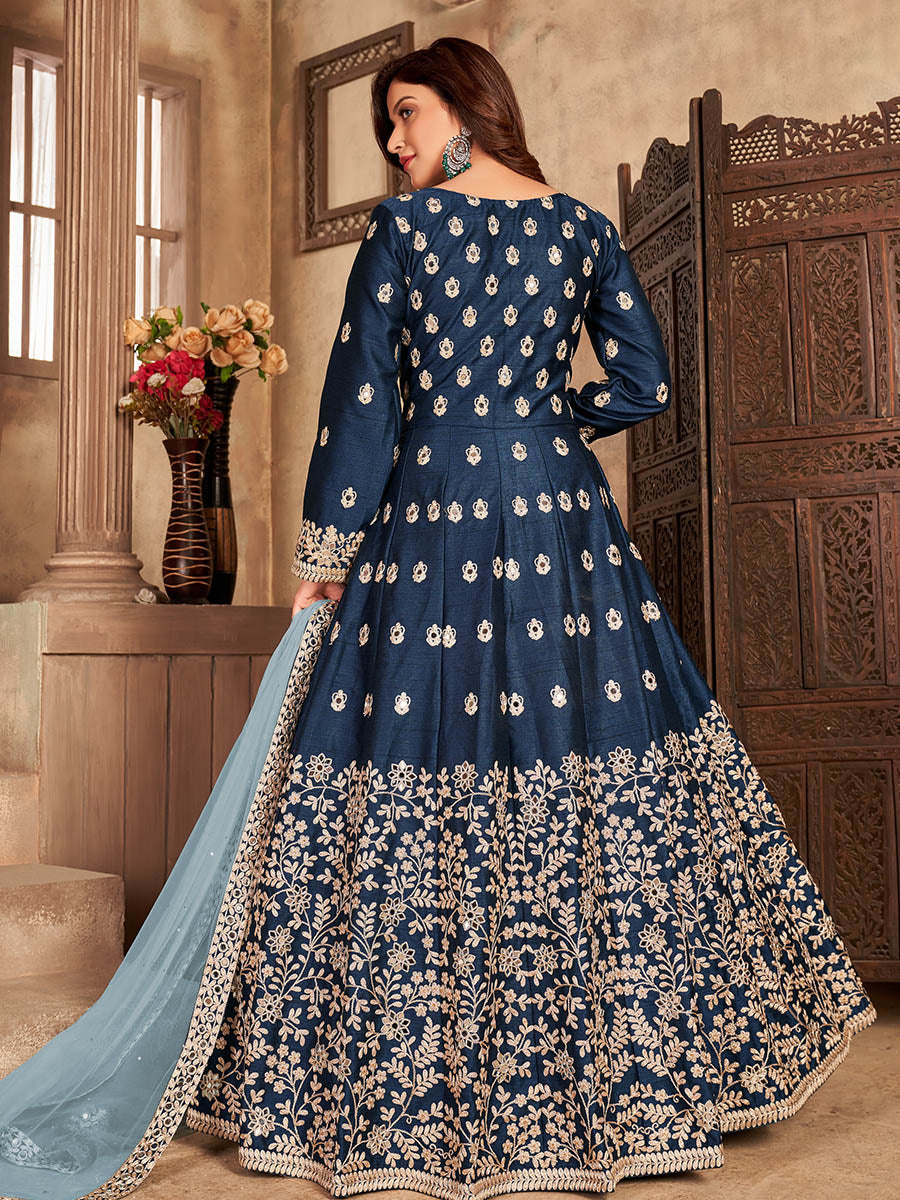 Buy Myra Navy Blue Art Silk Embroidered Anarkali Suit Online At