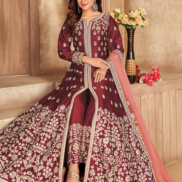 Myra Red Art Silk Embroidered Anarkali Suit - Distacart