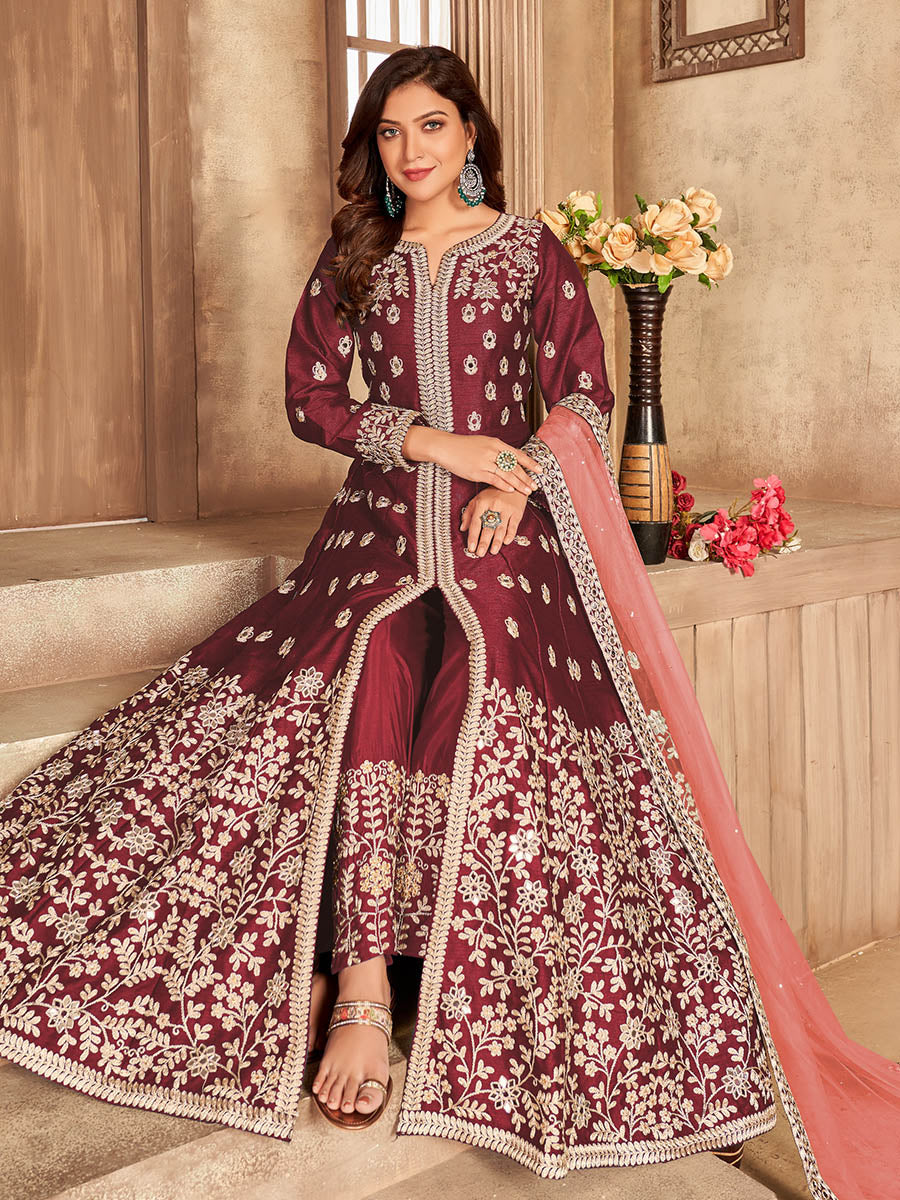 Myra Red Art Silk Embroidered Anarkali Suit - Distacart