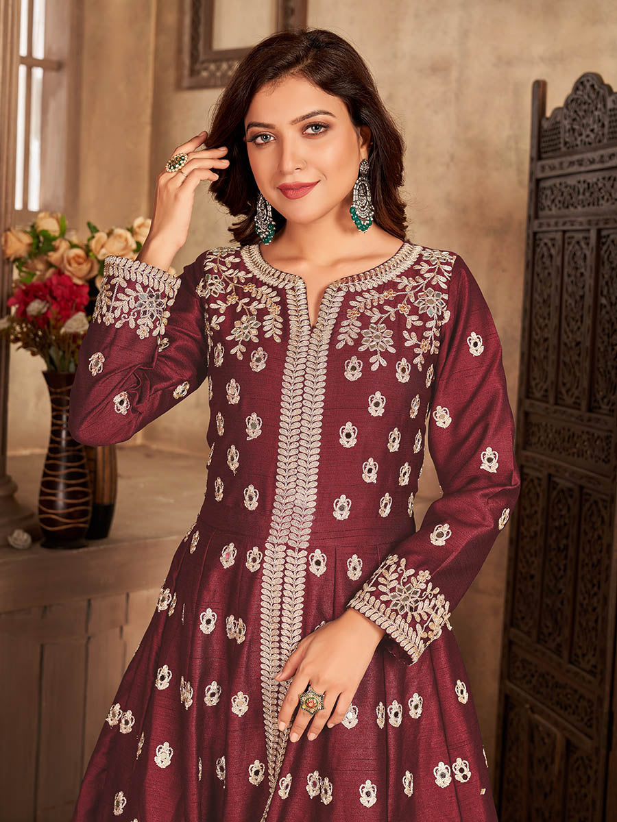 Myra Red Art Silk Embroidered Anarkali Suit - Distacart