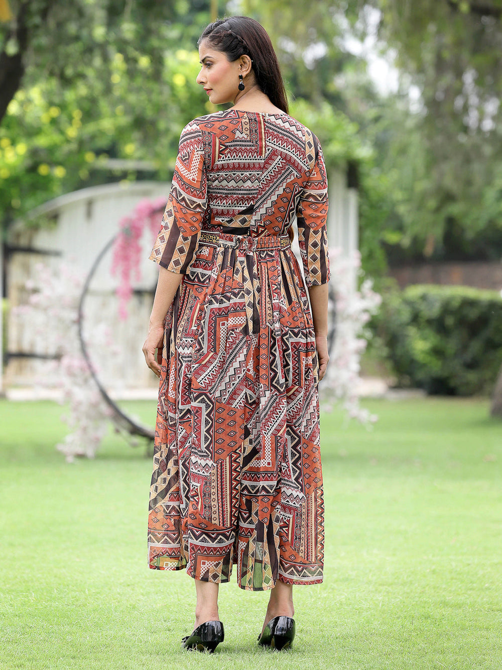 Juniper Brown Multi Chiffon Festive Printed Flared Jump Suit For Women - Distacart