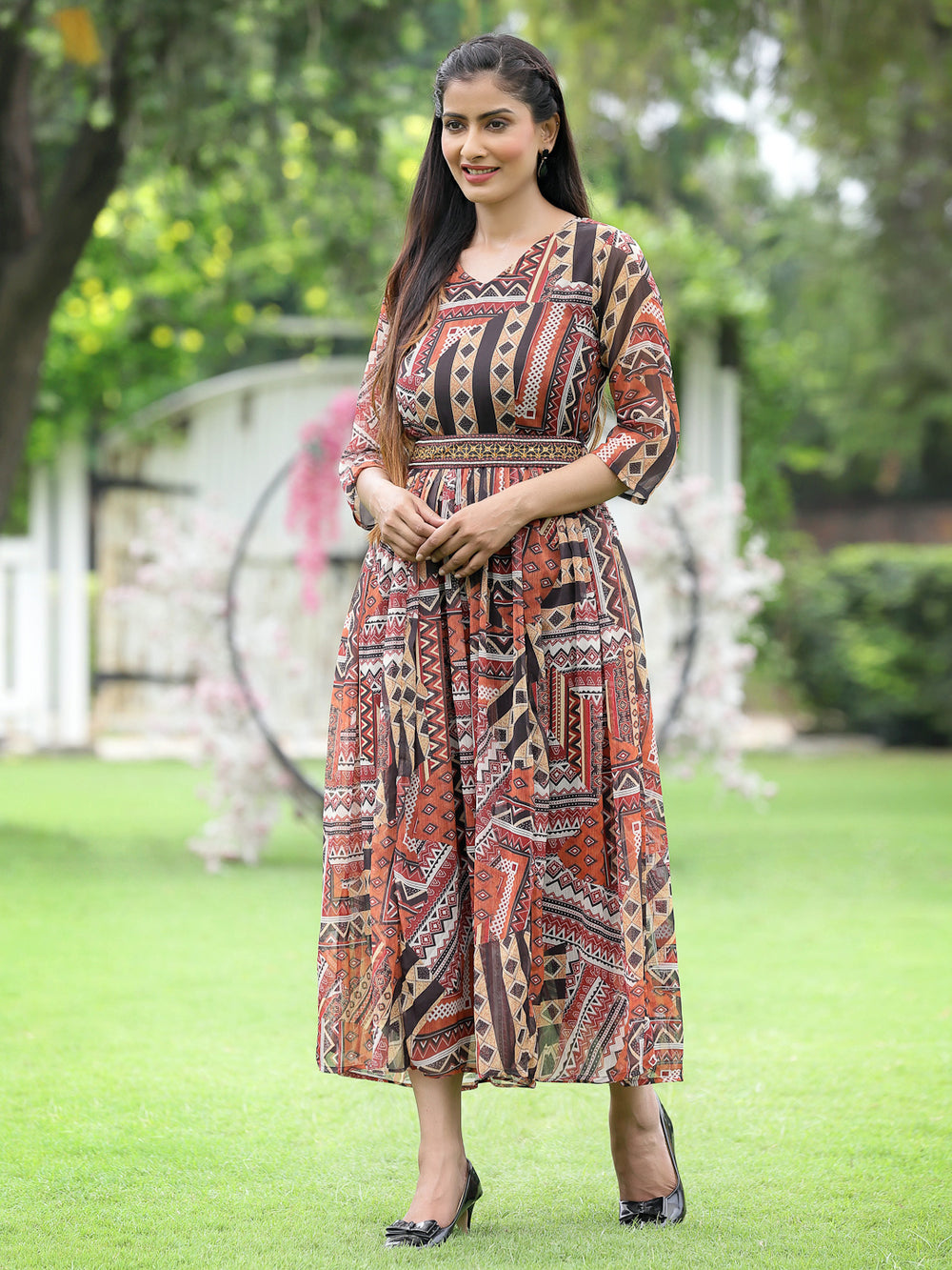 Juniper Brown Multi Chiffon Festive Printed Flared Jump Suit For Women - Distacart