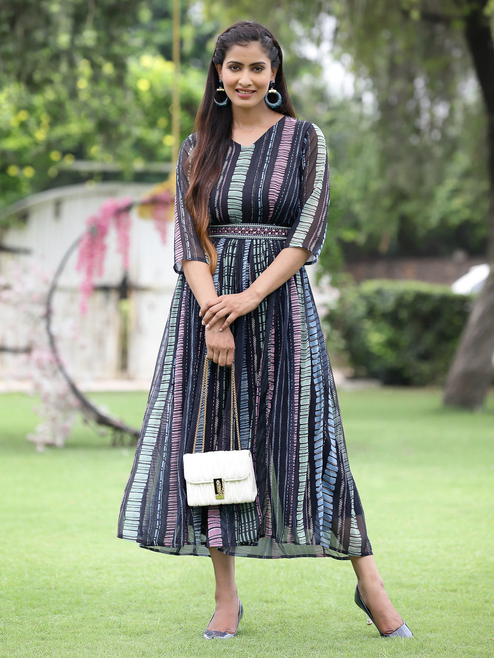 Juniper Black Multi Chiffon Festive Printed Flared Jump Suit For Women - Distacart