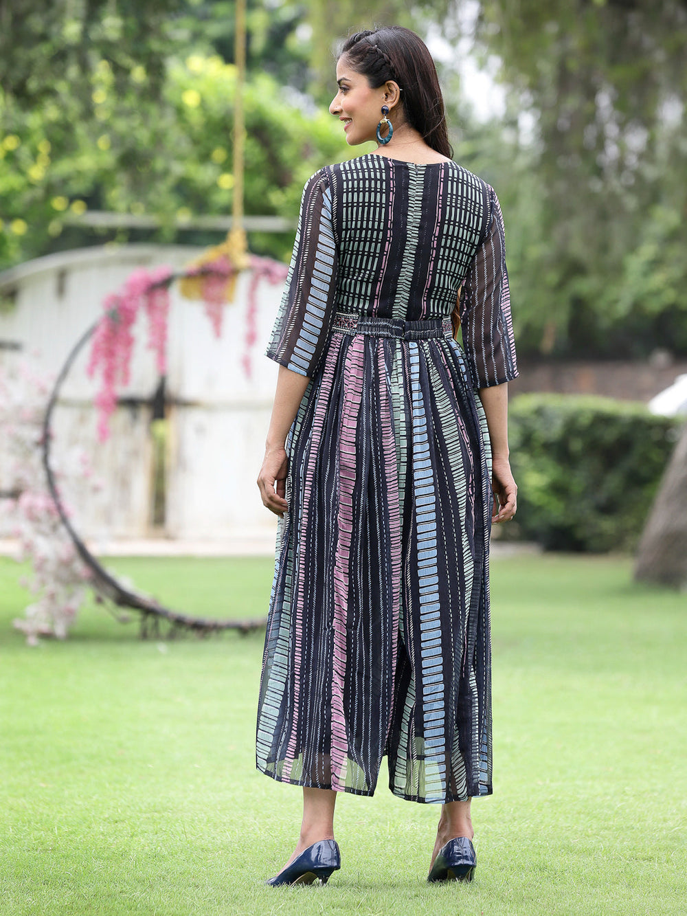 Juniper Black Multi Chiffon Festive Printed Flared Jump Suit For Women - Distacart