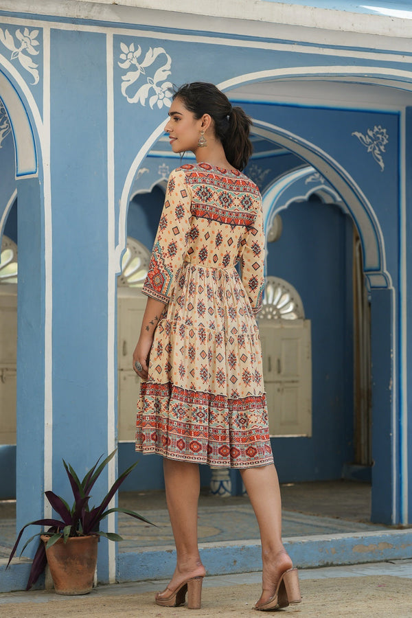 Juniper Beige Rayon Festive Printed Tiered Short Dress For Women - Distacart