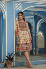 Thumbnail for Juniper Beige Rayon Festive Printed Tiered Short Dress For Women - Distacart