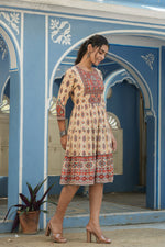 Thumbnail for Juniper Beige Rayon Festive Printed Tiered Short Dress For Women - Distacart