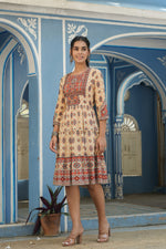 Thumbnail for Juniper Beige Rayon Festive Printed Tiered Short Dress For Women - Distacart