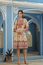 Thumbnail for Juniper Beige Rayon Festive Printed Tiered Short Dress For Women - Distacart